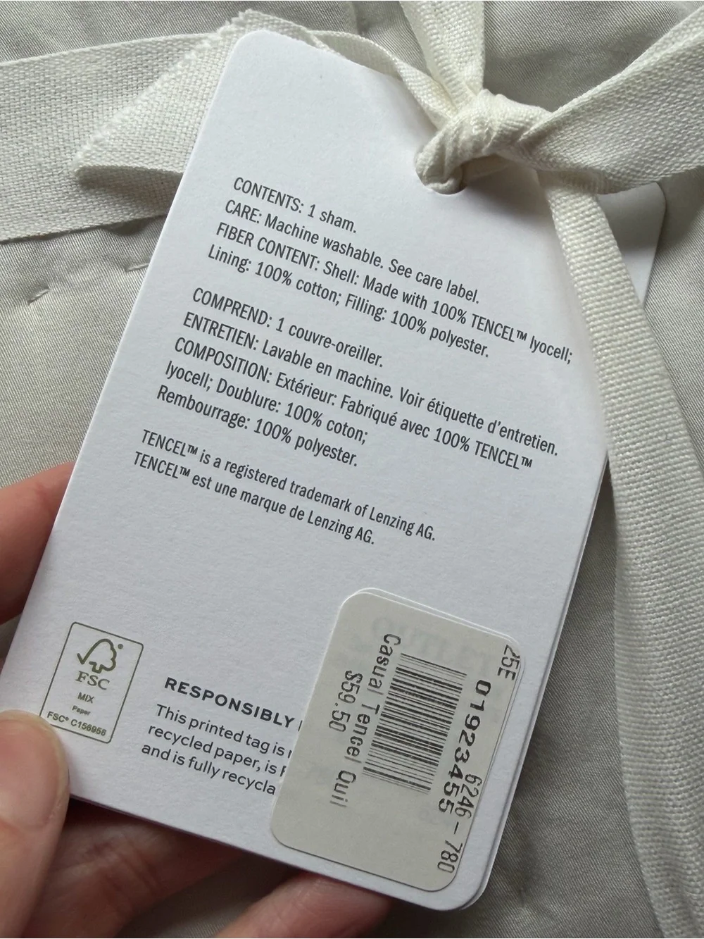 Pottery Barn Casual Tencel Lyocell Standard Pillow Sham Cover Stitched Gray NWT